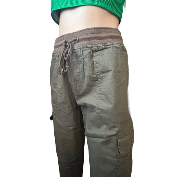 HARLOW Combat Cargo Jogger Pants Khaki Army Green Ribbed Waist Leg Cuffs Fitness - Picture 3 of 14